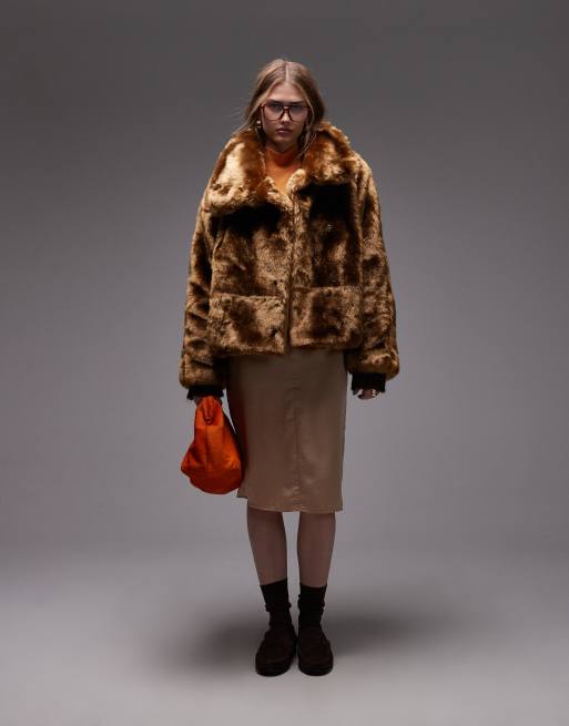 ASOS DESIGN funnel neck oversized faux fur jacket in brown, 3 of 5