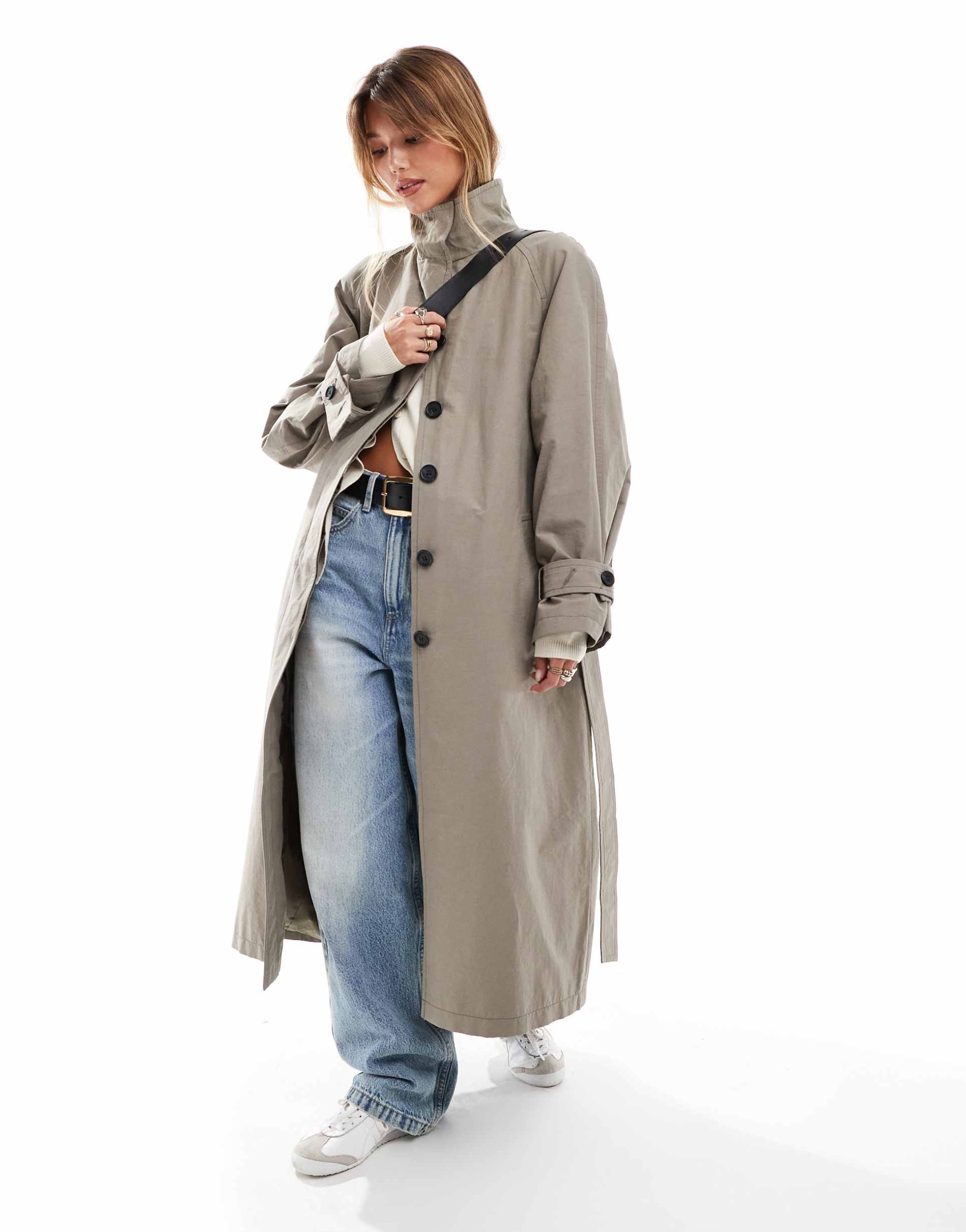 asos design funnel neck oversized longline trench coat in mushroom
