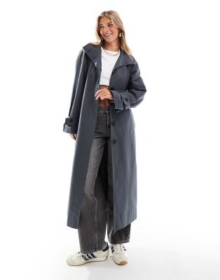 Asos Design Funnel Neck Oversized Longline Trench Coat In Navy-brown