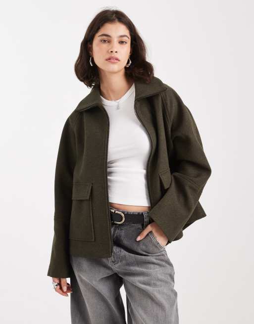 ASOS DESIGN funnel neck pocket detail jacket in khaki