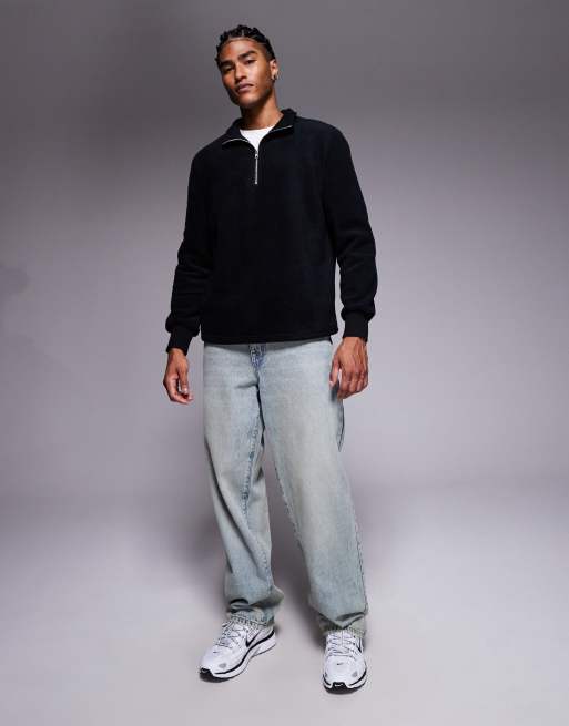 ASOS DESIGN funnel neck quarter zip fleece sweatshirt in black, 2 of 5