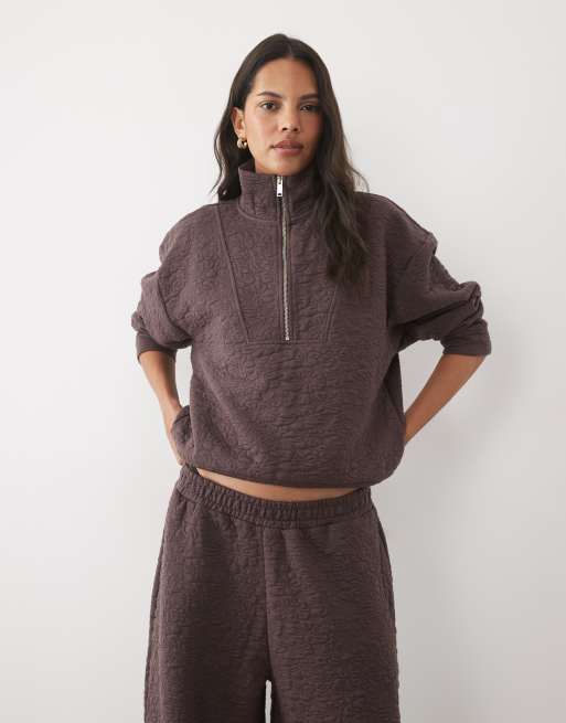 ASOS DESIGN quarter zip sweatshirt and relaxed sweatpants set in brown jacquard, 3 of 3