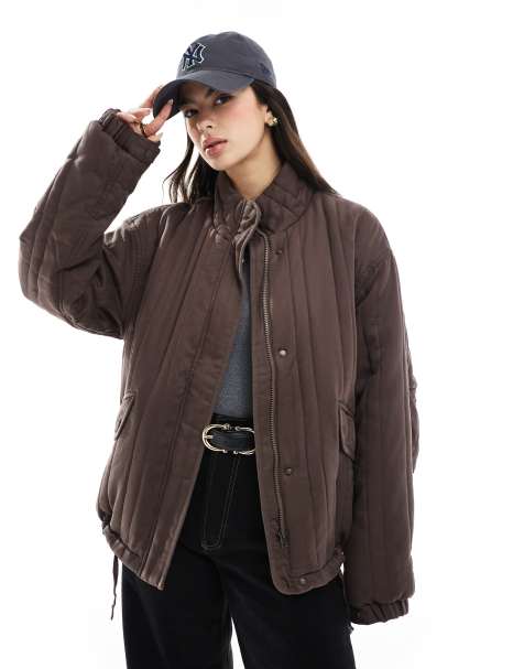 ASOS DESIGN funnel neck quilted jacket in brown - view 1