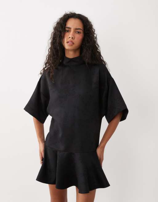 ASOS DESIGN funnel neck relaxed mini dress in black jacquard, 2 of 4
