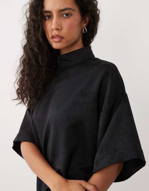 ASOS DESIGN funnel neck relaxed mini dress in black jacquard, 3 of 4