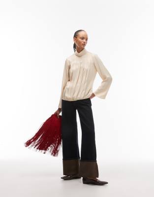 Asos Design Funnel Neck Satin Blouse With Pleats In Neutral