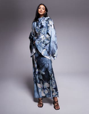 funnel neck satin maxi dress with exaggerated sleeves in blue floral print-Multi