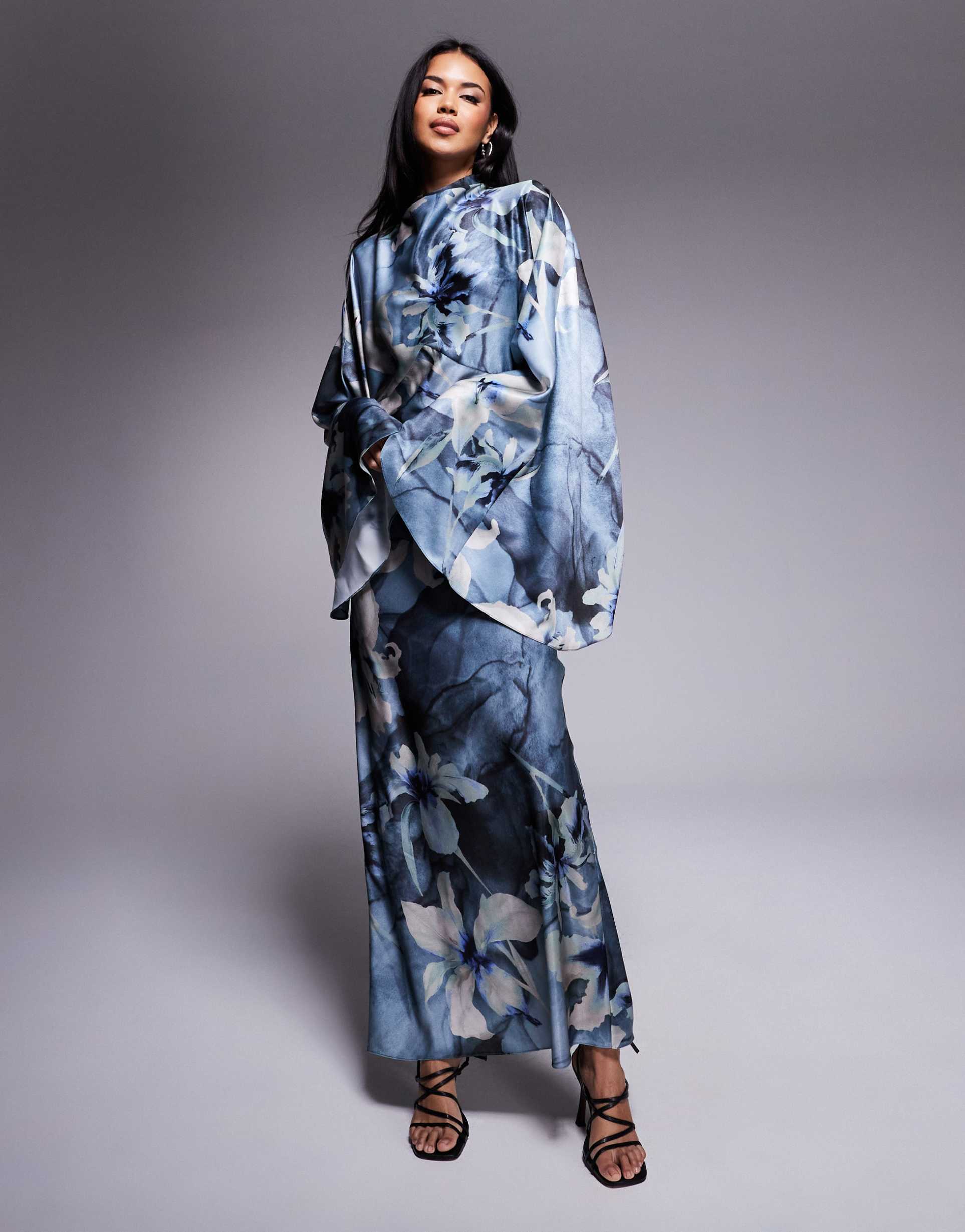 asos design funnel neck satin maxi dress with exaggerated sleeves in blue floral print