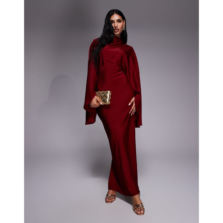 asos design exaggerated cape maxi dress in burgundy BABARONI Lace Top Mother of the Bride Pant Suit with Jacket