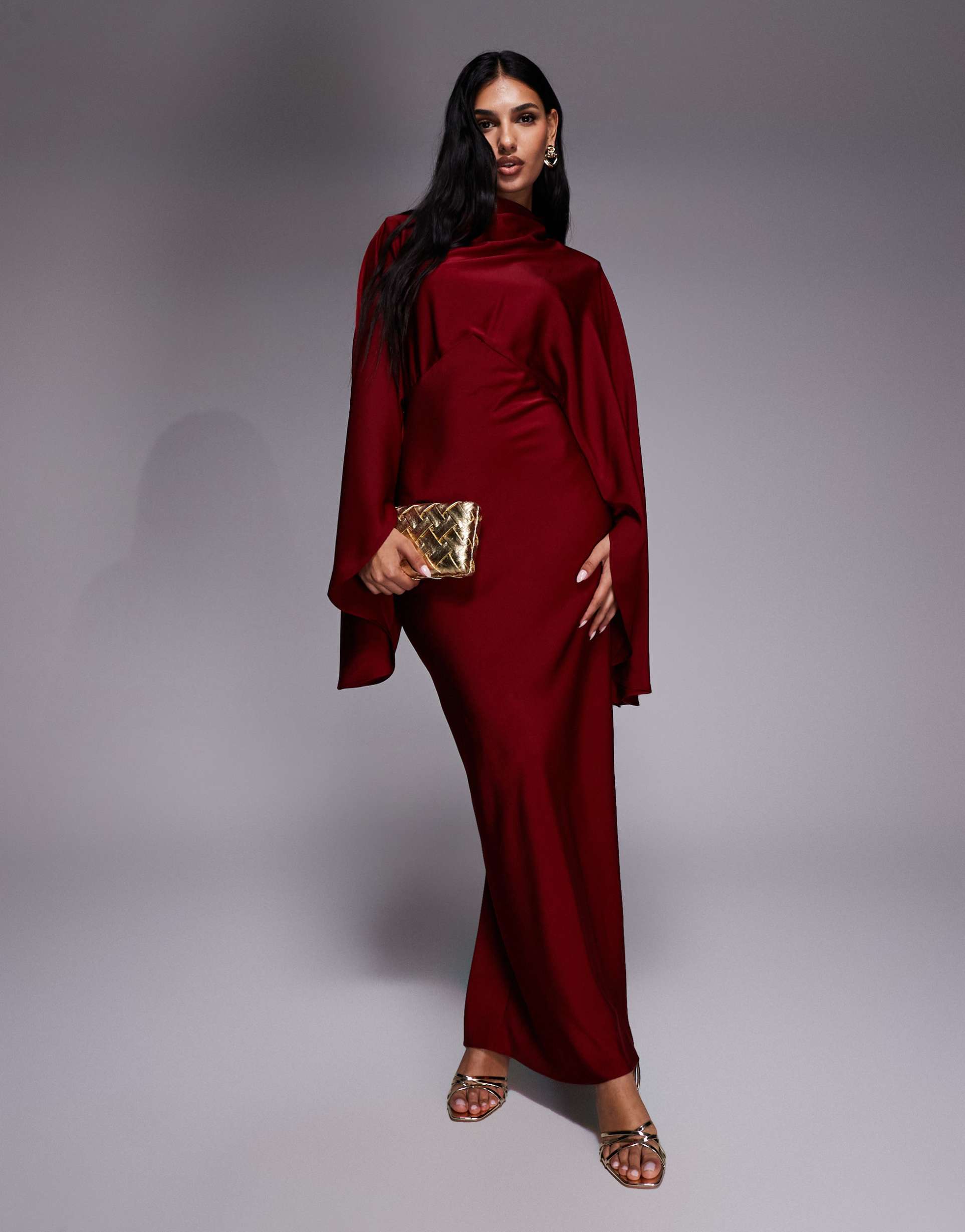 asos design funnel neck satin maxi dress with exaggerated sleeves in burgundy