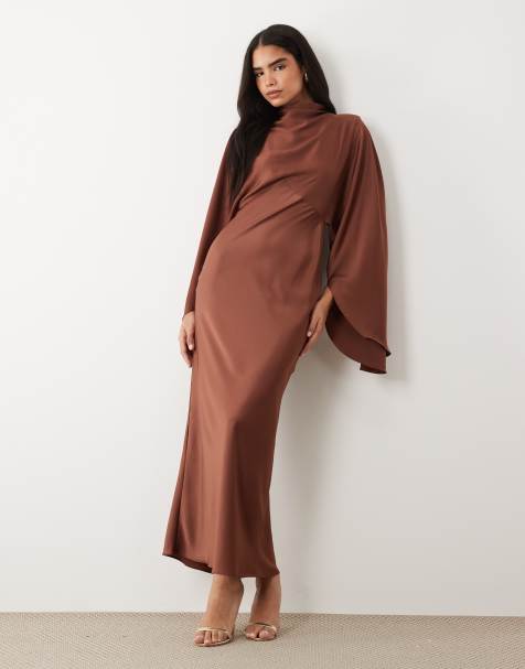ASOS DESIGN funnel neck satin maxi dress with exaggerated sleeves in chocolate - view 1