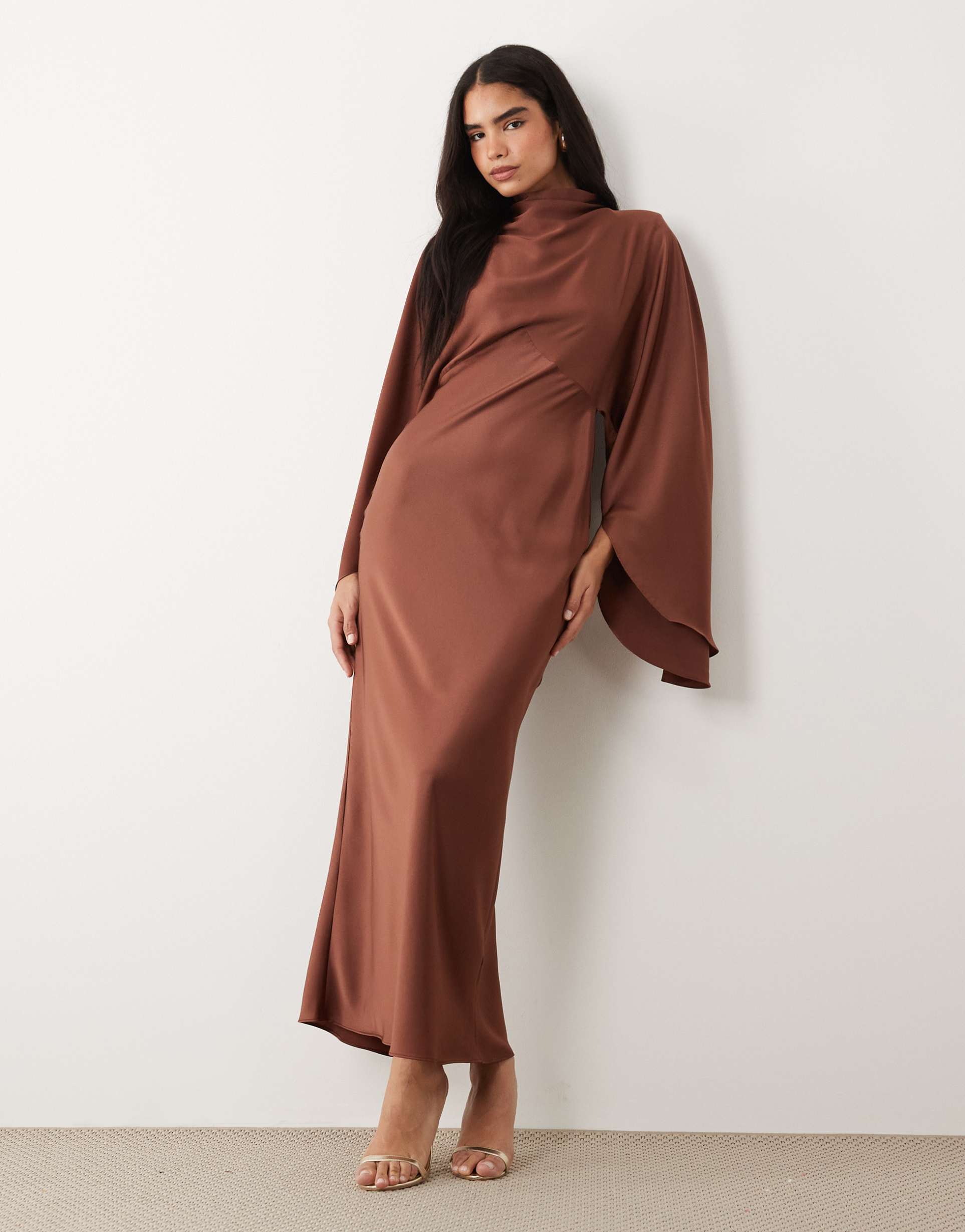 asos design funnel neck satin maxi dress with exaggerated sleeves in chocolate