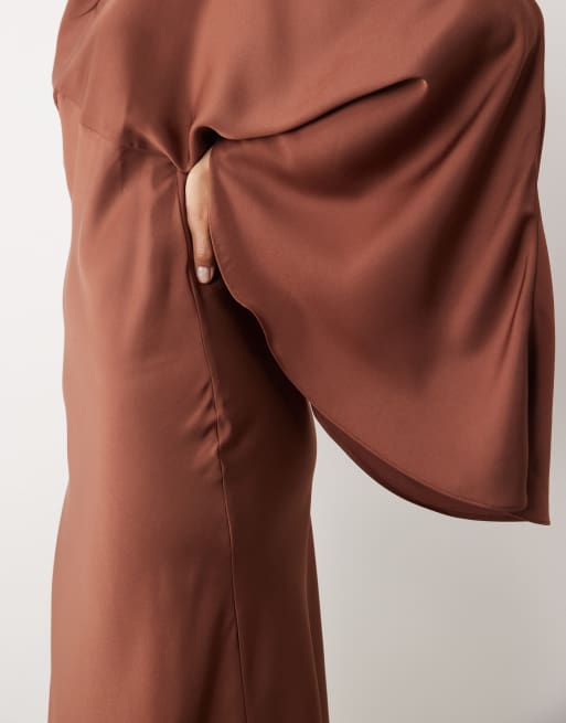 ASOS DESIGN funnel neck satin maxi dress with exaggerated sleeves in chocolate, 2 of 4