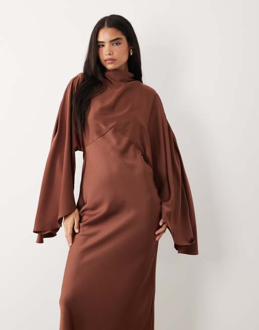 ASOS DESIGN funnel neck satin maxi dress with exaggerated sleeves in chocolate, 3 of 4