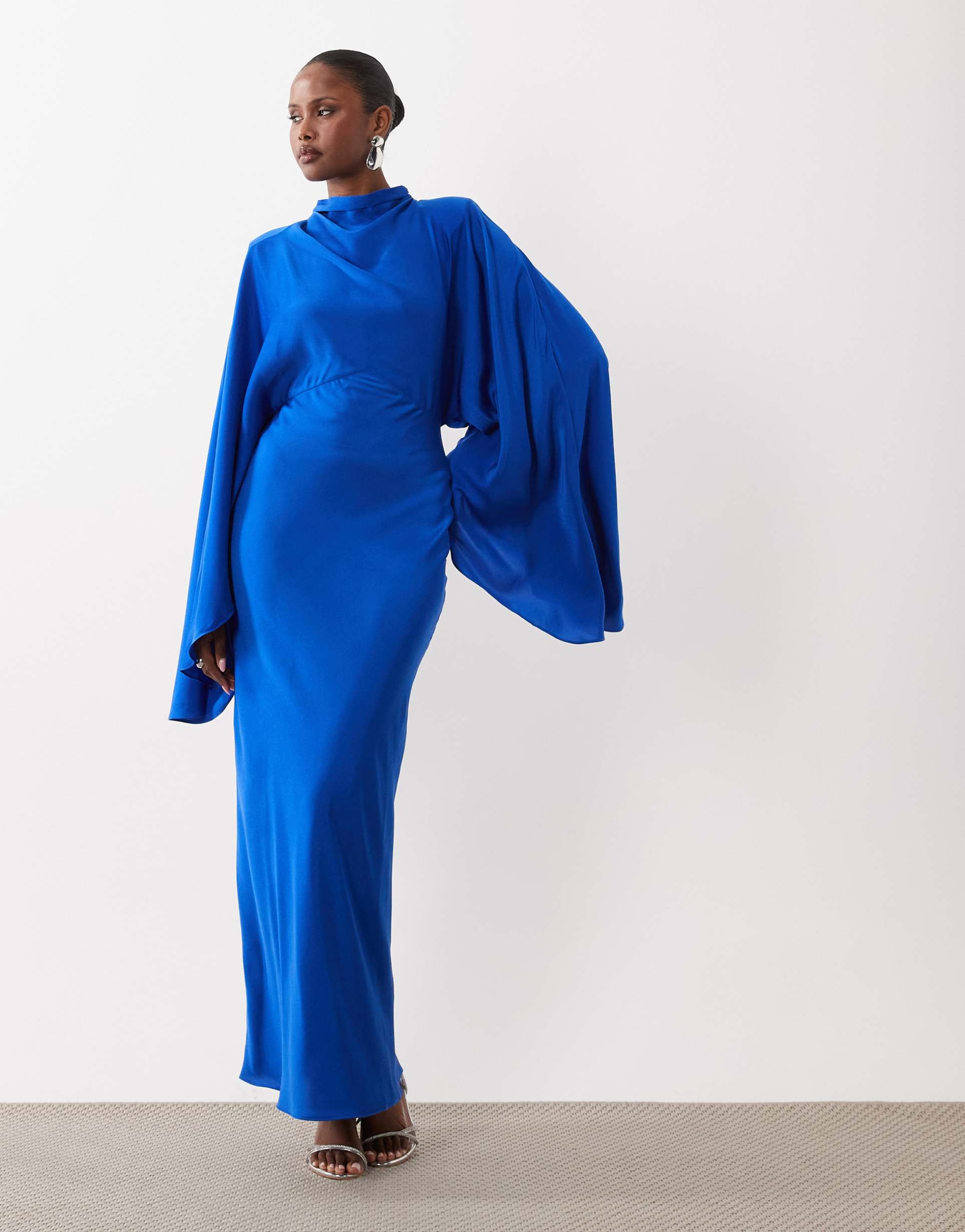 asos design funnel neck satin maxi dress with exaggerated sleeves in cobalt