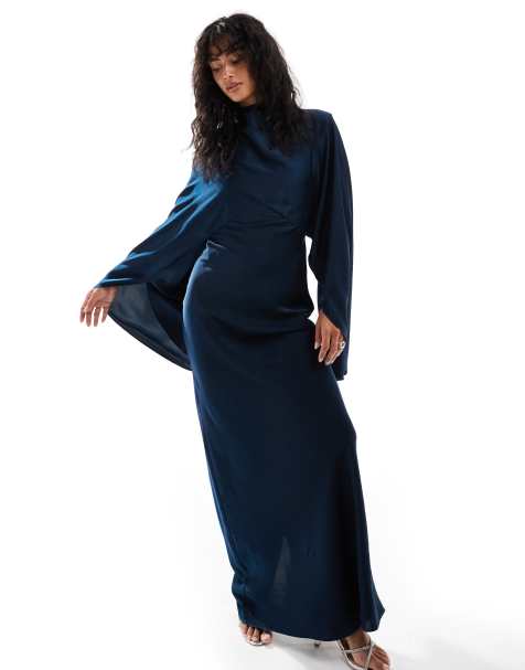 ASOS DESIGN funnel neck satin maxi dress with exaggerated sleeves in navy - view 1