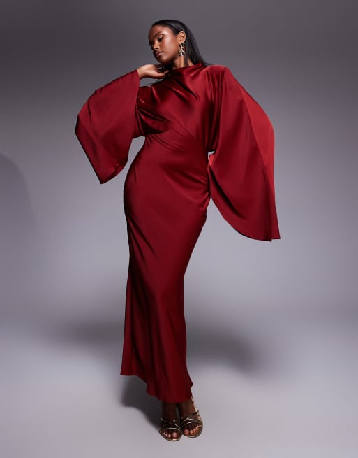 ASOS DESIGN funnel neck satin maxi dress with exaggerated sleeves in red