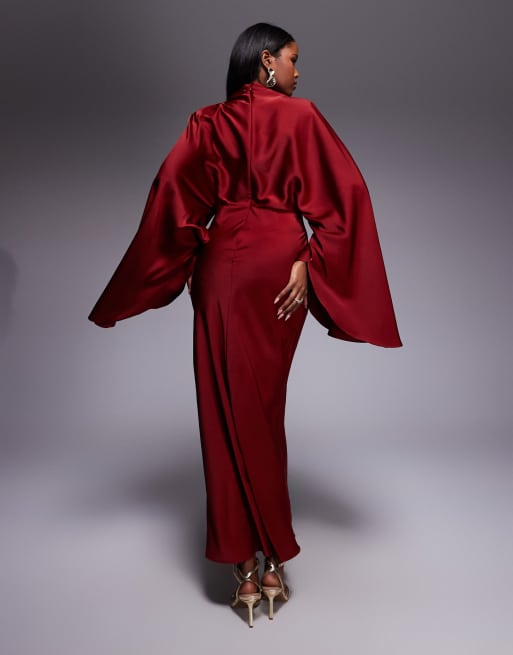 ASOS DESIGN funnel neck satin maxi dress with exaggerated sleeves in red