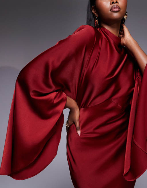 ASOS DESIGN funnel neck satin maxi dress with exaggerated sleeves in red