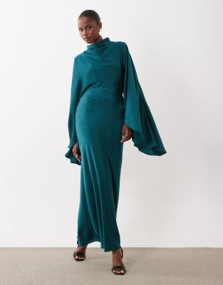 ДИЗАЙНЕРСКОЕ атласное макси-платье ASOS с воронкообразным вырезом и преувеличенными рукавами бирюзово-зеленого цвета