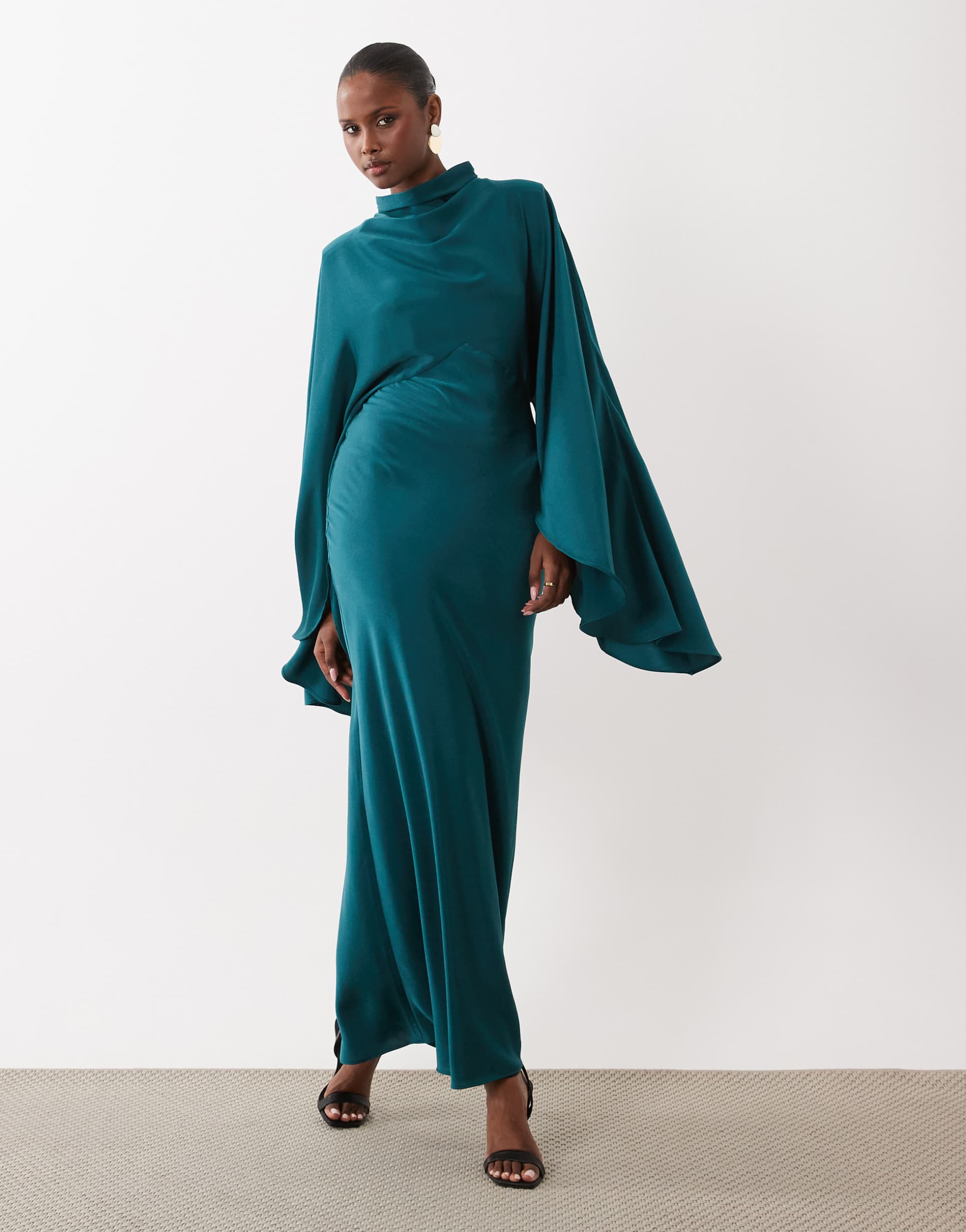 asos design funnel neck satin maxi dress with exaggerated sleeves in teal green