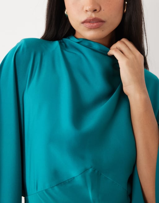 ASOS DESIGN funnel neck satin maxi dress with exaggerated sleeves in turquoise, 3 of 4