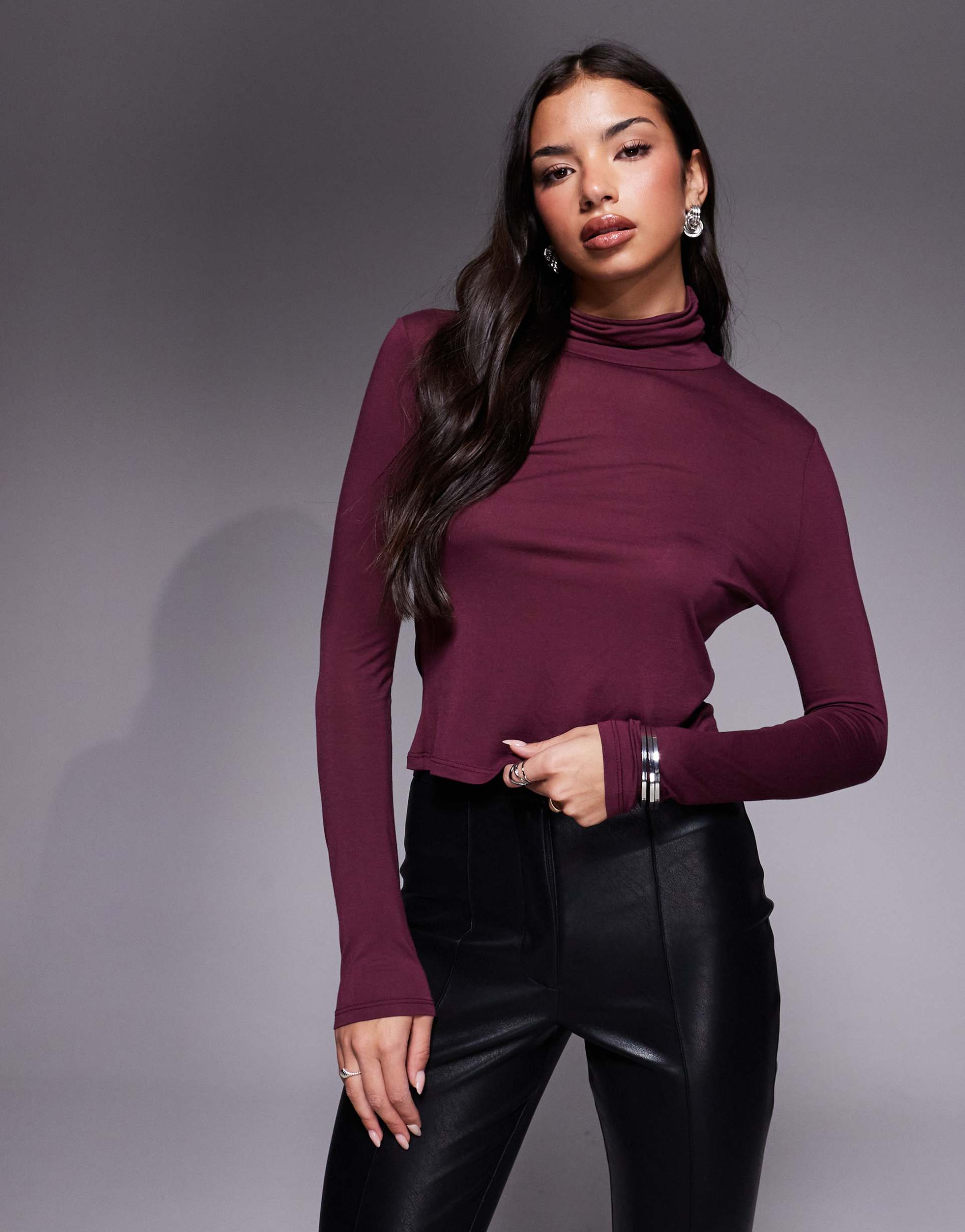 asos design funnel neck semi sheer long sleeve second skin top in berry