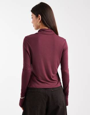 Asos Design Funnel Neck Semi Sheer Long Sleeve Second Skin Top In Red