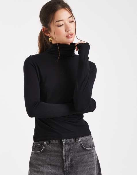 ASOS DESIGN funnel neck semi sheer long sleeve second skin top in black