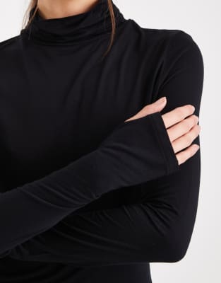 Asos Design Funnel Neck Semi Sheer Long Sleeve Second Skin Top In Black