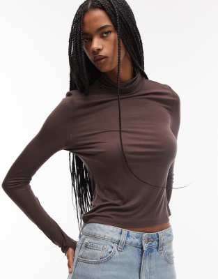 Asos Design Funnel Neck Semi Sheer Long Sleeve Second Skin Top In Brown