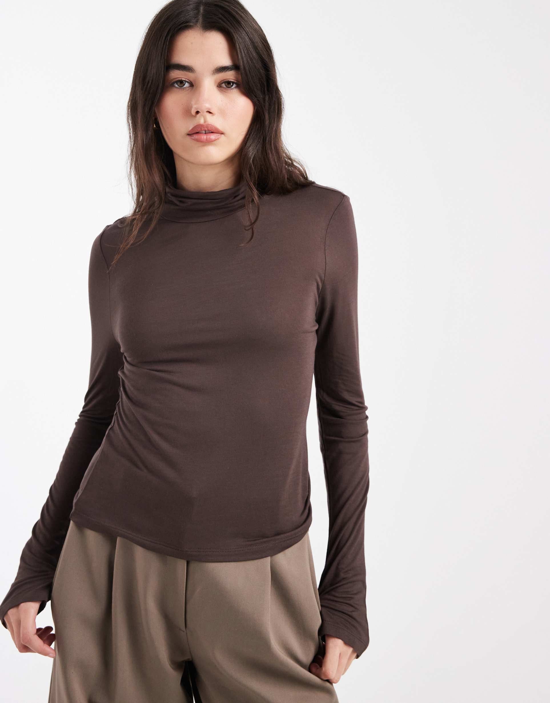 asos design funnel neck semi sheer long sleeve second skin top in chocolate