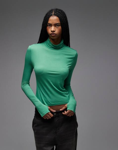 ASOS DESIGN funnel neck semi sheer long sleeve second skin top in green - view 1