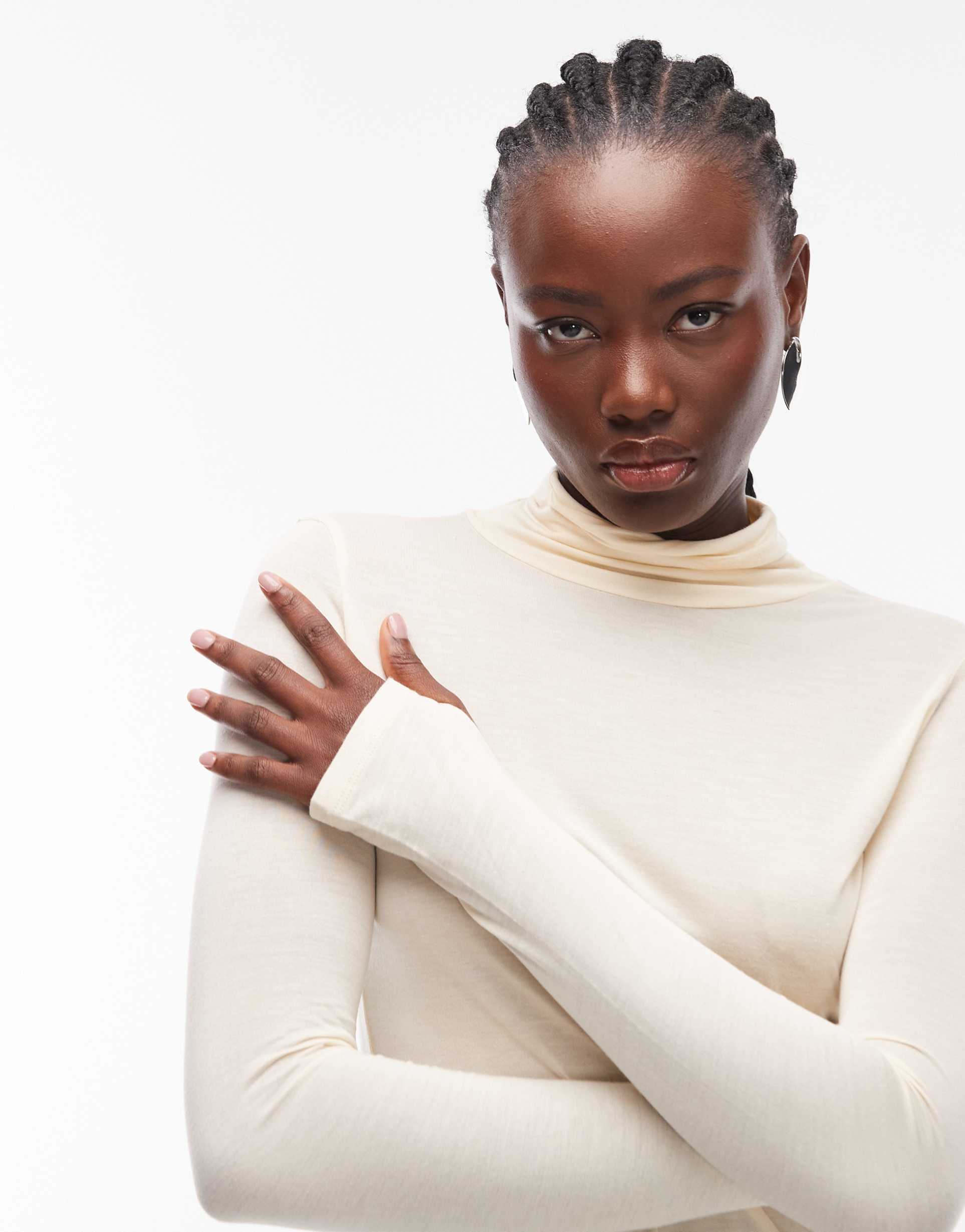 asos design funnel neck semi sheer long sleeve second skin top in milk