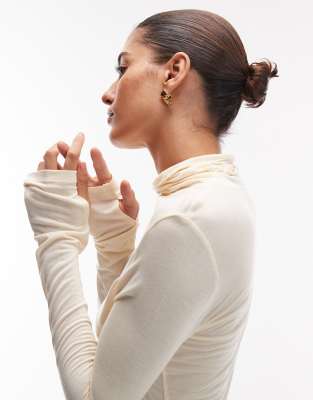 Asos Design Funnel Neck Semi Sheer Long Sleeve Second Skin Top In Neutral