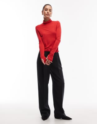 Asos Design Funnel Neck Semi Sheer Long Sleeve Second Skin Top In Red