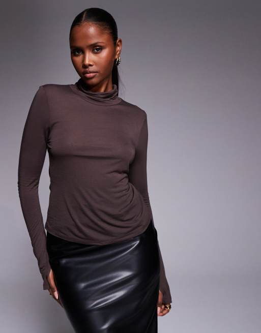 ASOS DESIGN funnel neck semi sheer long sleeve top in chocolate