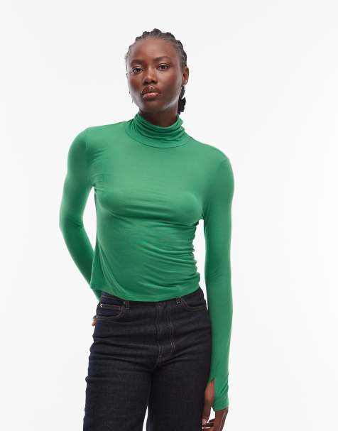ASOS DESIGN funnel neck semi sheer long sleeve top in green - view 1