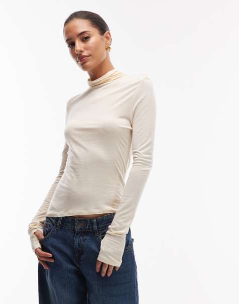 ASOS DESIGN funnel neck semi sheer long sleeve top in milk - view 1