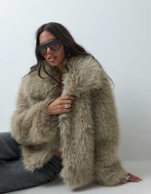 Asos Design Funnel Neck Short Faux Fur Belted Coat In Brown