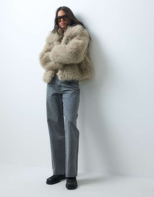 ASOS DESIGN funnel neck short faux fur belted coat in mid brown, 2 of 4
