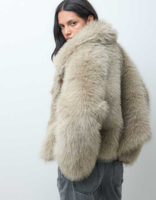 ASOS DESIGN funnel neck short faux fur belted coat in mid brown, 4 of 4