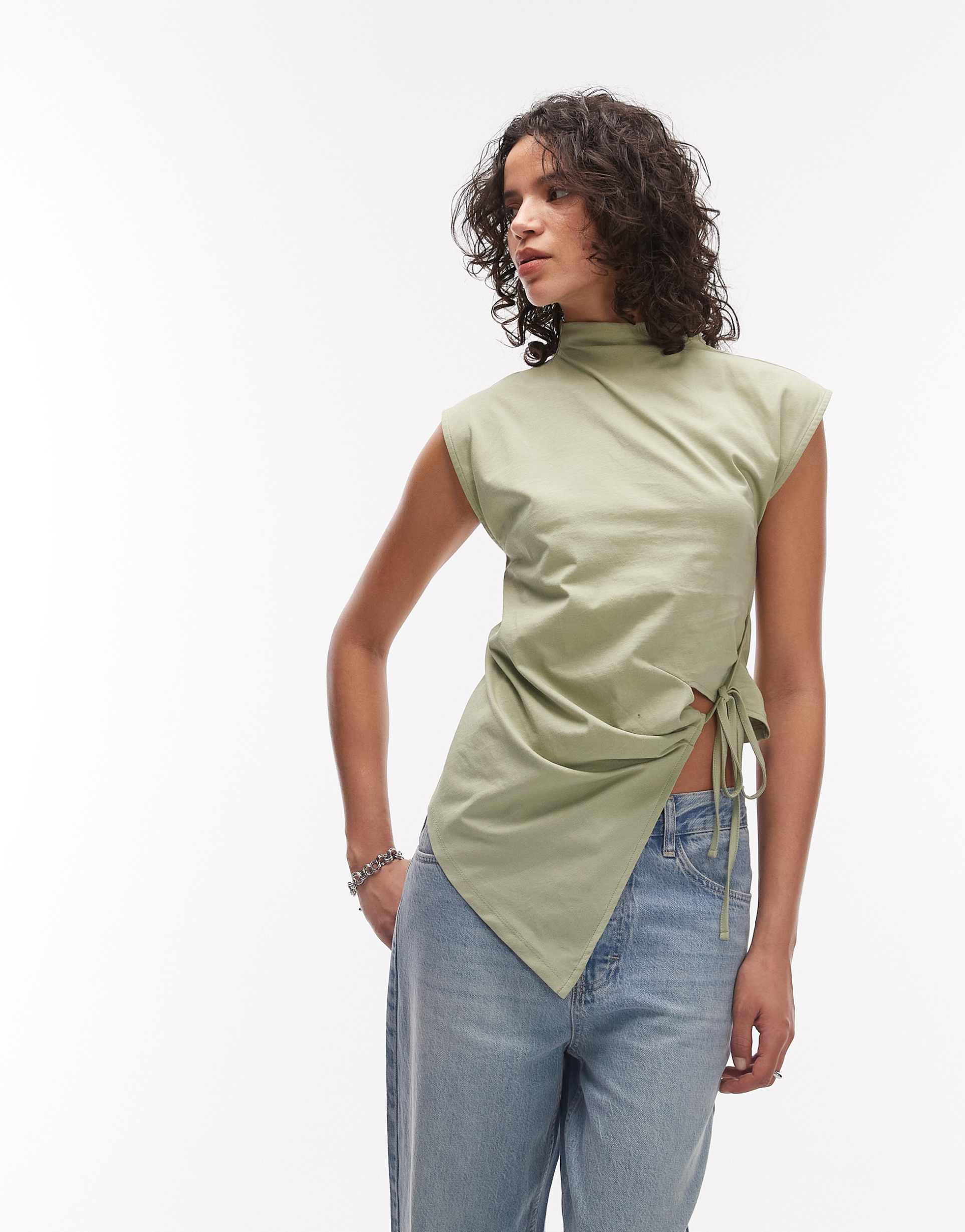 asos design funnel neck sleeveless with wrap detail top in dusty green