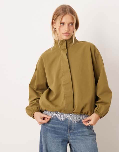 ASOS DESIGN funnel neck sports jacket with gathered hem in olive green - view 1