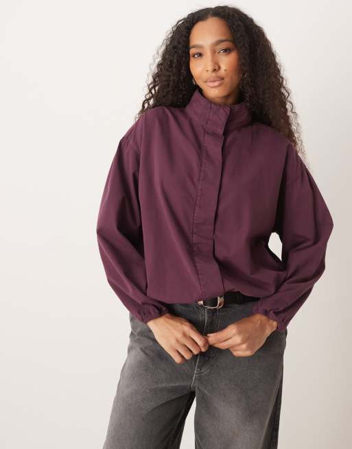 ASOS DESIGN funnel neck sports jacket with gathered hem in plum