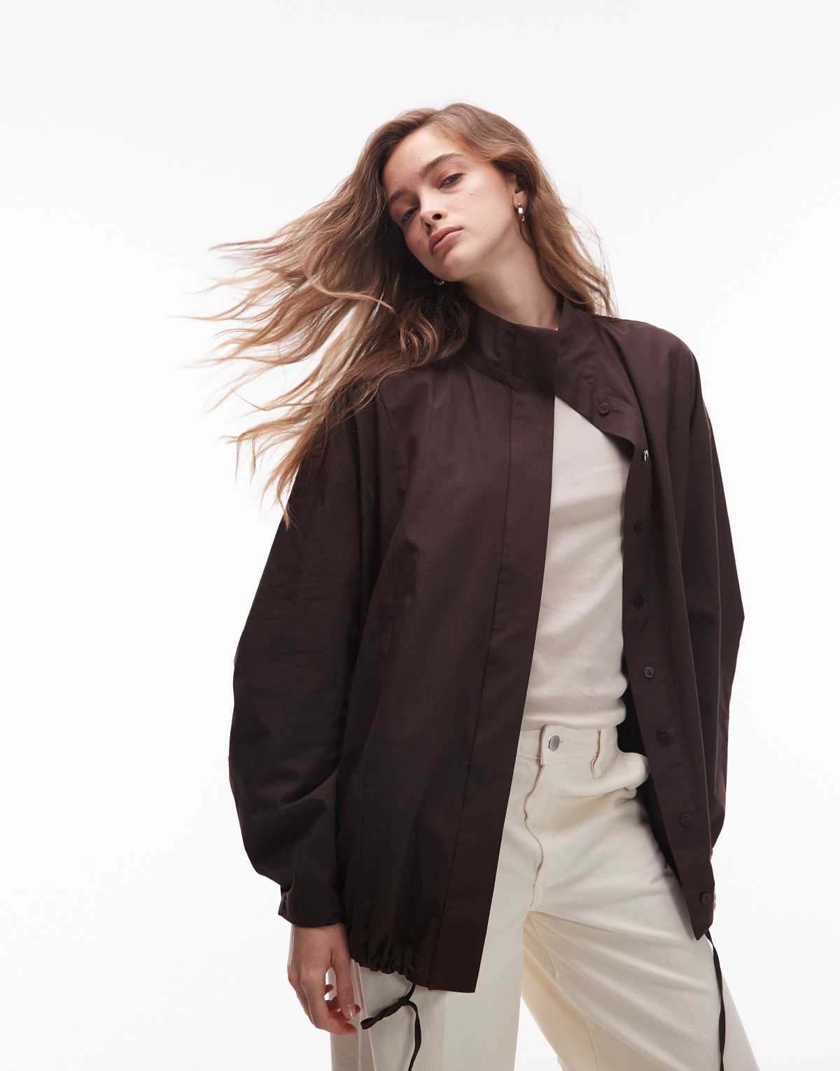 ASOS DESIGN funnel neck sports shirt in chocolate