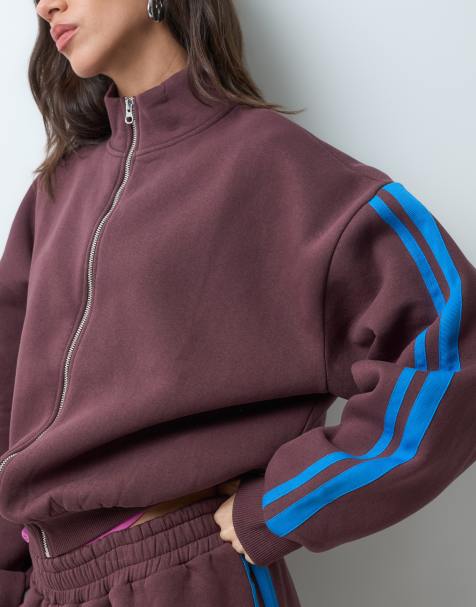 ASOS DESIGN funnel neck stripe detail zip up jacket co-ord in brown with blue stripe - view 1