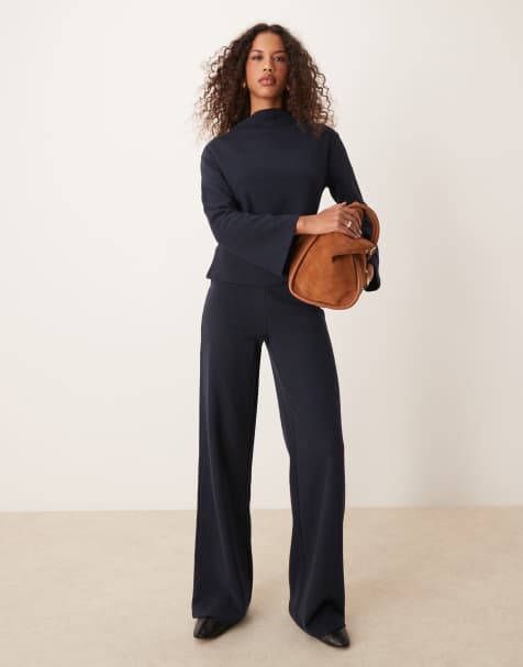 ASOS DESIGN funnel neck super soft sweat and wide leg trouser co ord in navy - view 1