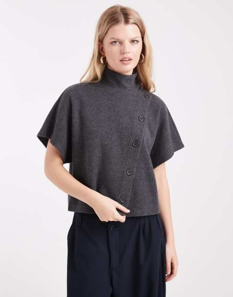 ASOS DESIGN funnel neck supersoft boxy button up top in charcoal - view 1