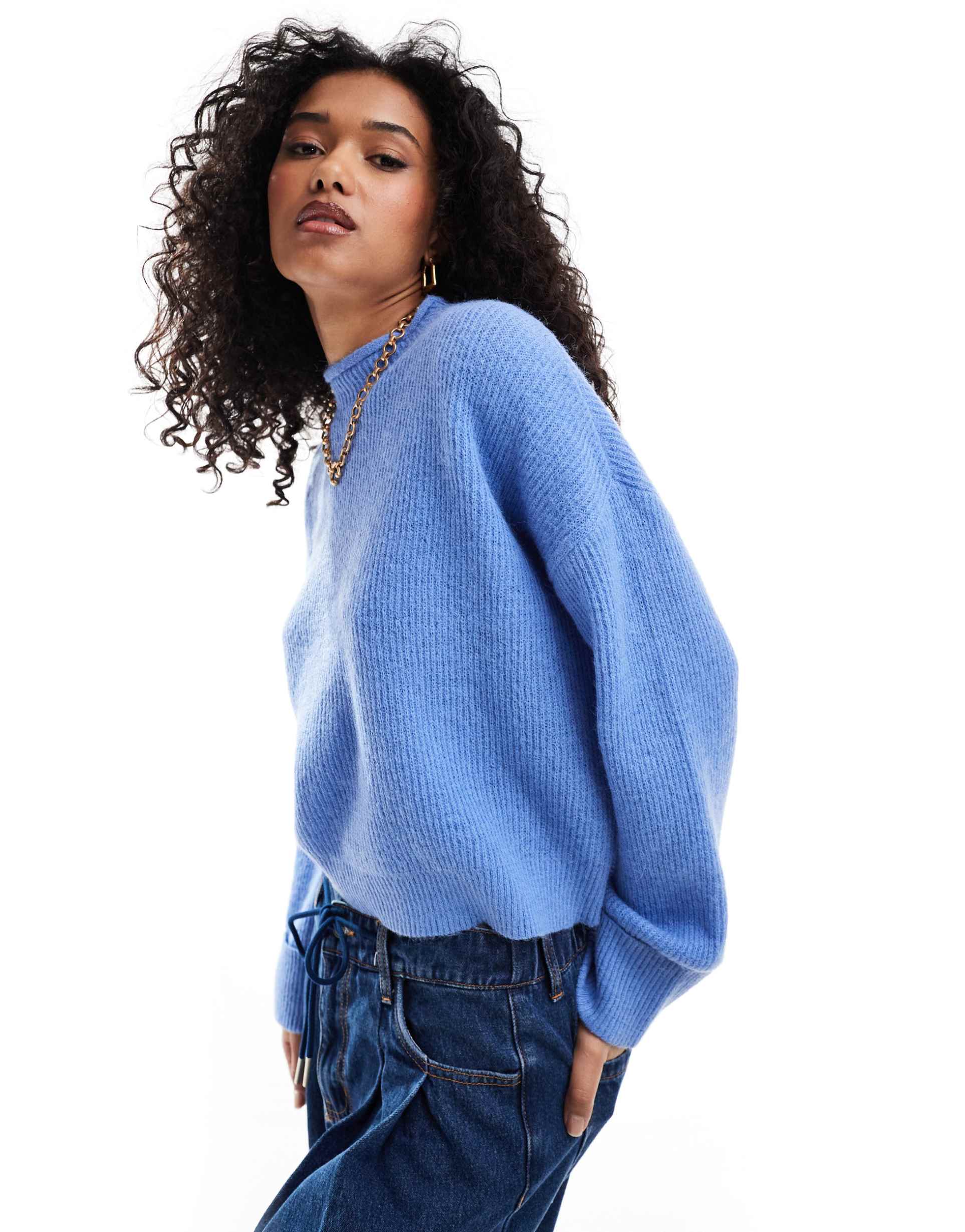 asos design funnel neck sweater in blue